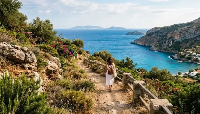 A quiet, sunlit walking path overlooking the blue ocean on a European island, representing slow travel.