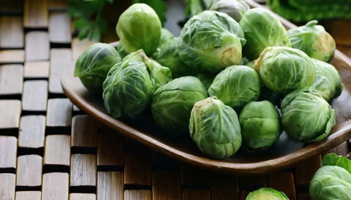 Roasted Brussels sprouts on a baking sheet.