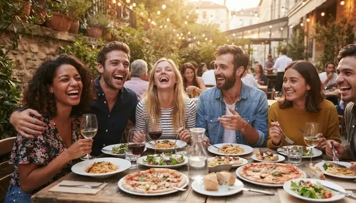 A group of happy friends sharing a meal and laughing together at an outdoor restaurant