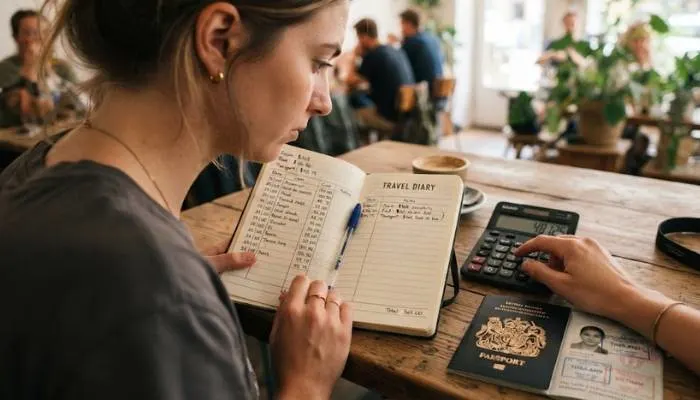 Traveler calculating expenses on a notebook with a passport and calculator on a wooden table