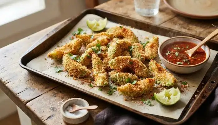 Crispy panko-crusted avocado fries served with a bowl of hot sauce on a baking tray