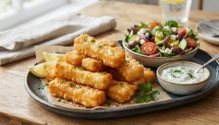 Golden deep-fried halloumi cheese fries served with a fresh side salad and dipping sauce
