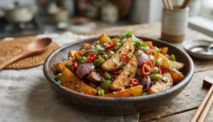 Stir-fried salt and pepper potato wedges tossed with onions, green peppers, and red chili