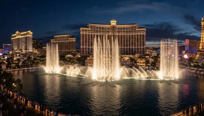 The iconic Bellagio hotel and resort in Las Vegas showcasing its famous dancing fountains in front of the luxury property.