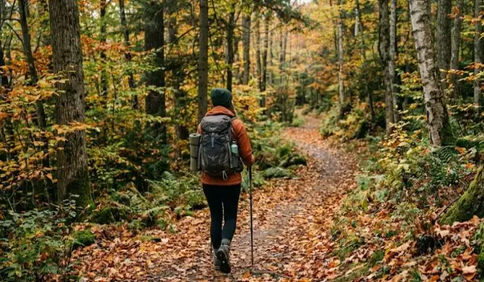 A traveler hiking alone on a quiet, cool forest trail surrounded by trees during an autumn wellness trip.