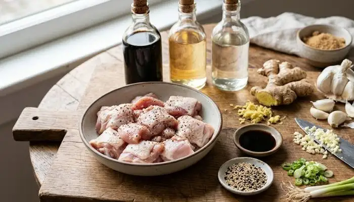 Ingredients for homemade chicken teriyaki including chicken thighs, soy sauce, mirin, sake, garlic, and ginger
