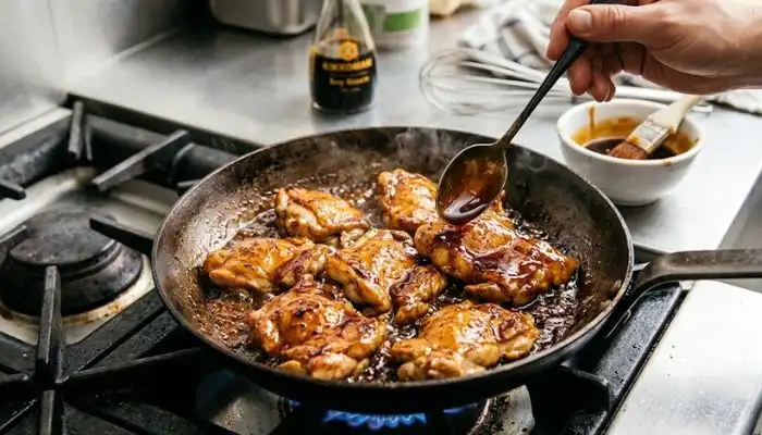 Glazing chicken with glossy thick teriyaki sauce in a frying pan