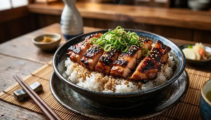Authentic Japanese teriyaki chicken with crisp skin served over rice with green onions